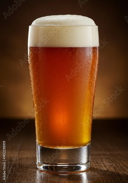 Fototapeta Amber Ale in a Condensation-Covered Glass on Wood