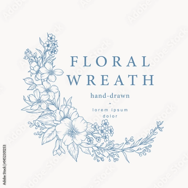 Fototapeta Vintage floral vector wreath. Hand drawn elegant floral line art. Botanical elements of wild and garden flowers, branches, leaves, herbs. Vector illustration for wedding invitation, save the date card