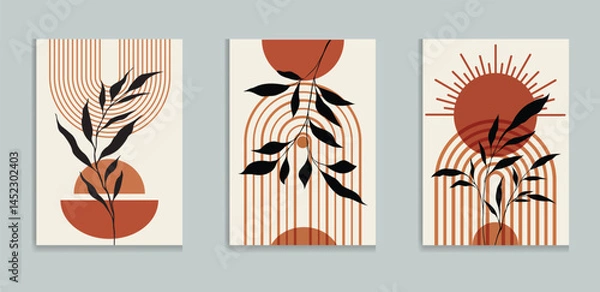 Fototapeta Abstract botanical wall art prints sun moon poster. Contemporary minimalist backgrounds modern boho style. Mid century wall decor, art print. Illustration