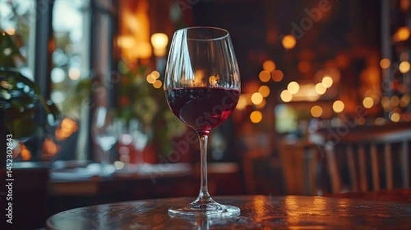 Fototapeta Red wine glass on a rustic wooden table in a dimly lit restaurant