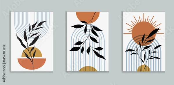 Fototapeta Abstract botanical wall art prints sun moon poster. Contemporary minimalist backgrounds modern boho style. Mid century wall decor, art print. Illustration