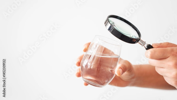 Fototapeta Hand looking at water in a glass through magnifying glass