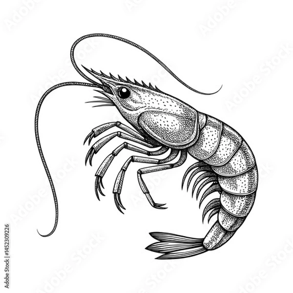 Obraz Detailed Black and White Vector Illustration of a Shrimp in Engraving Style
