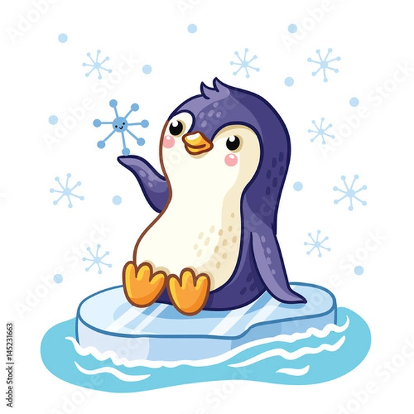 Fototapeta Penguin on an ice floe floats on the sea. Vector illustration of arctic animals in a children's style.