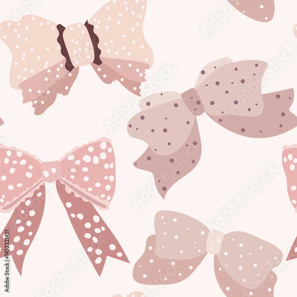 Fototapeta Vector seamless pattern with pink girly bows. Vintage bows of different shapes in polka dots. Bow for hair decoration.