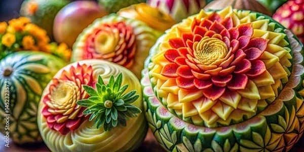 Fototapeta Intricate Fruit and Vegetable Carvings:  A Culinary Art Showcase