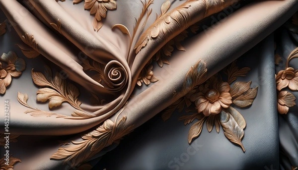 Fototapeta Elegant Draped Fabric with Embossed Floral Pattern, Luxurious Textile Design