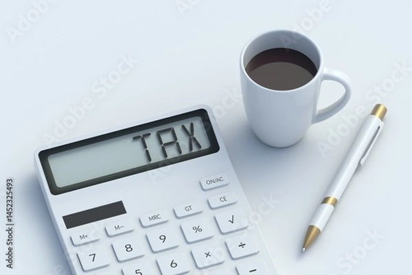 Fototapeta Tax word on calculator on office workspace. Financial concept. Money refund and compensation. Rate and rules. Accounting report. 3d render