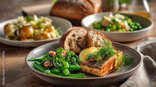 Fototapeta A delicious dinner presented on a rustic wooden table features grilled fish with seasonal greens, fresh herbs, and crusty bread. Simple yet nutritious, the meal highlights local flavors