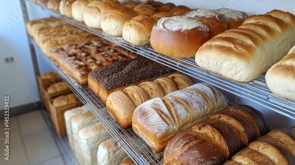 Obraz Bakery shop with assortment of bread on shelves. High quality photo