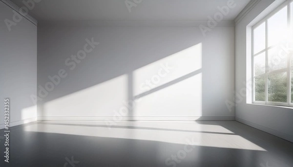 Fototapeta a clean white room with sunlight streaming in through the window casting shadows on an empty wall