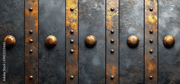 Fototapeta Rustic Metal Texture: Dark Grey and Copper Panels with Decorative Studs