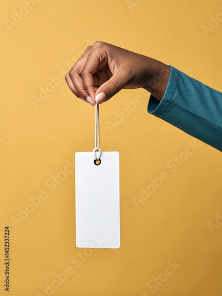 Fototapeta Hand Holding Blank White Tag Against Mustard Yellow Background – Branding Concept