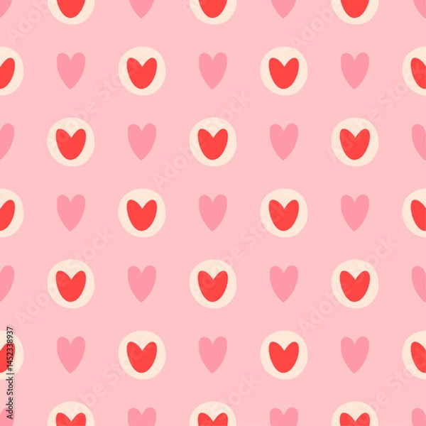 Fototapeta Repeating pattern of hearts on a pink background. There are two types of hearts: solid pink hearts and red hearts inside off-white circles.