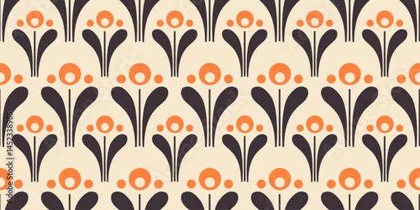 Fototapeta Repeating floral pattern with a retro aesthetic. The flowers are stylized with orange circles for the blooms and smaller orange dots surrounding them.