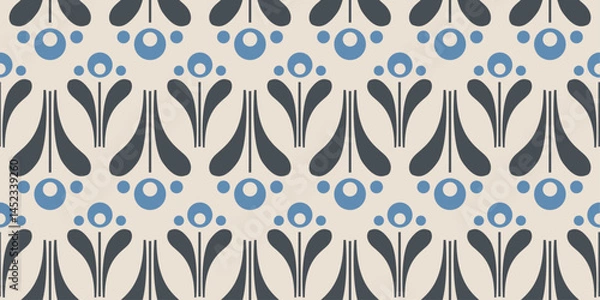 Fototapeta Background is a light beige color. The floral elements are stylized and consist of dark gray leaves and stems, with blue circles arranged above them.