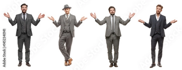 Obraz Four businessmen showing or presenting something with open hands on transparent background