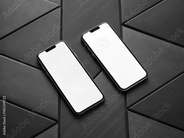 Fototapeta Two blank smartphones with white screens and black frames, placed on a dark geometric-patterned surface with triangular tiles – Tech and Minimalist Branding Concept