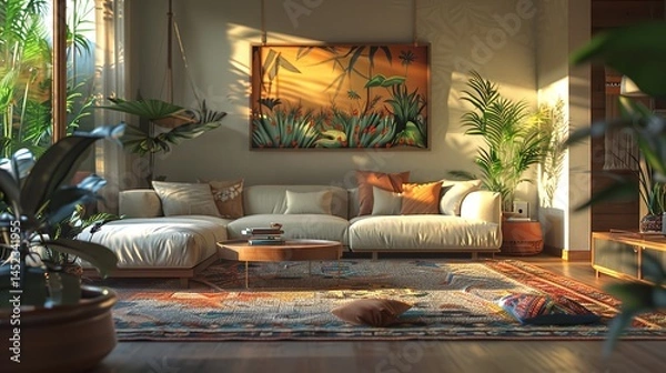 Obraz Modern interior living room with modular sofa, furniture, wooden coffee tables, plaid, pillows, tropical plants and elegant personal accessories in stylish home decoration.