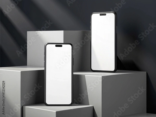 Fototapeta Two blank smartphones with white screens, placed on geometric gray blocks with staggered positioning and soft shadows – Minimalist and Tech Branding Concept