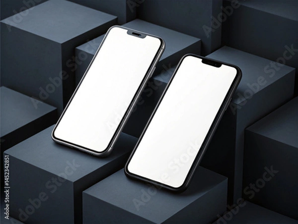 Fototapeta Two iPhones with blank screens displayed on a black background, showcasing their sleek design and modern aesthetics