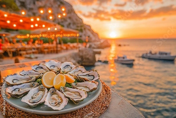 Fototapeta Fresh oysters served with lemon at seaside dining during sunset