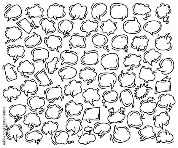 Fototapeta Hand drawn speech bubbles. Comic speech bubbles and icons. Doodle speech bubbles collection