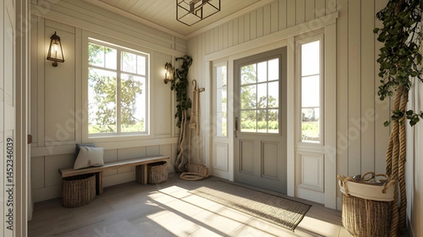 Fototapeta Light-filled entryway with wood trim,  natural light,  and  rustic accents.  Wooden bench,  woven baskets, and  greenery  create a  cozy ambiance
