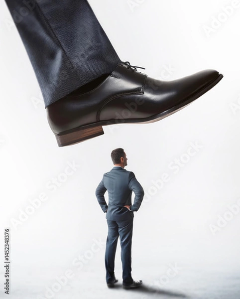 Fototapeta Tiny man office worker standing under pressure of the giant shoe of his big boss about to step on him. Workplace confrontation, leadership concept. Power dynamics or intimidation in business