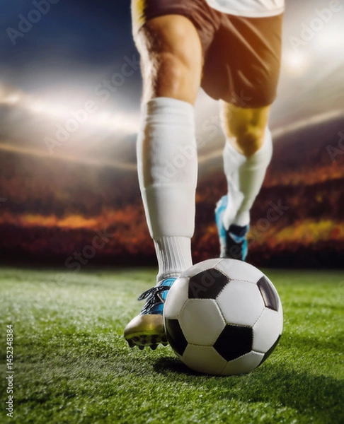 Fototapeta Closeup soccer player legs dribbling the ball on the pitch. Running man footballer at stadium on a field with full tribunes in the background