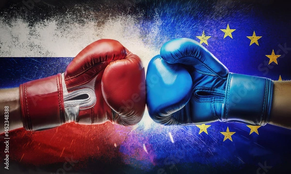 Fototapeta EU vs Russia political and economic tense relations as two boxing gloves punching each other with national flags on background. Geopolitical conflict, sanctions and trade war between european states