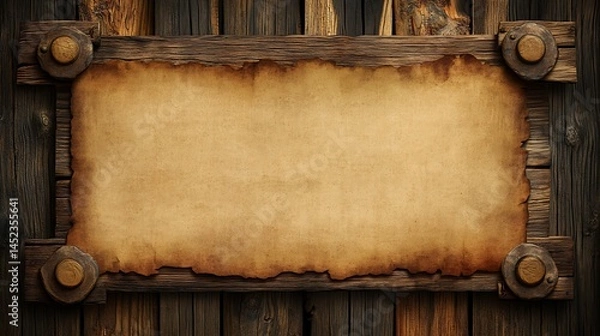 Obraz Aged parchment sign on rustic wood