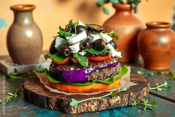 Fototapeta Gourmet Greek Burger with Feta Cheese Olives and Red Onion