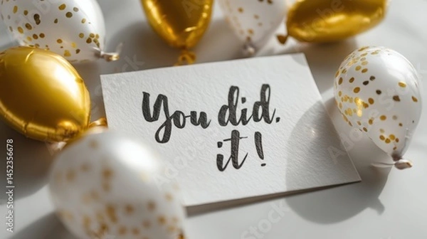 Obraz You Did It!: Celebration card with gold and white confetti balloons.