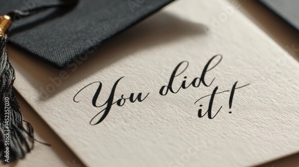 Obraz Graduation Card with Tassel: A close-up shot of a graduation card with the congratulatory message "You did it!" and a graduation cap with a tassel.