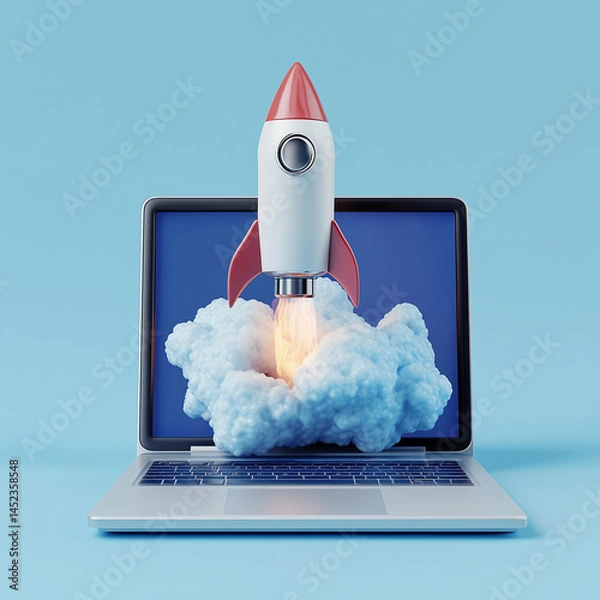 Obraz 3D rocket missile launching on a Laptop screen blue background technology concept. . Tech innovation concept. Futuristic design. Digital illustration. white smoke rising in the air with rocket launch