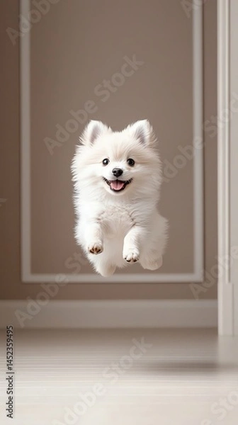 Fototapeta Pastel background playful Pomeranian puppy jumping midair with a dreamy softfocus backdrop
