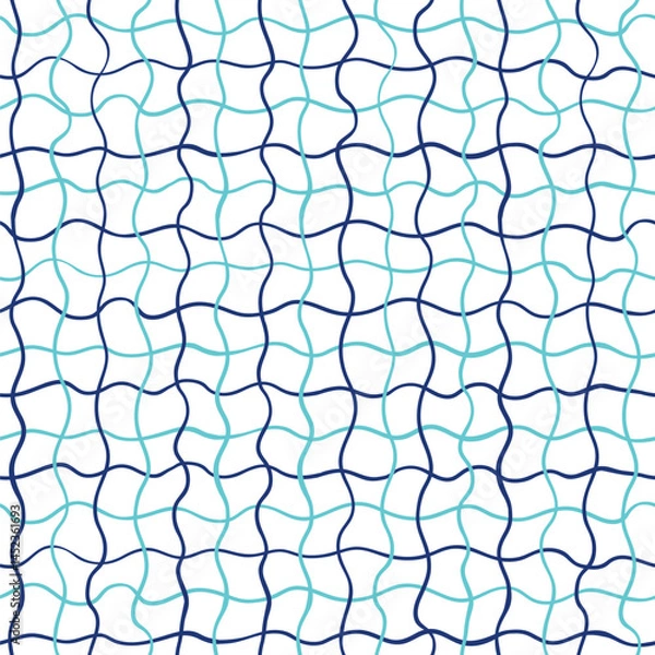 Fototapeta Vector seamless geometric pattern with blue wavy lines, summer navy and white check minimal background