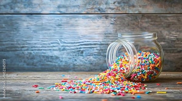 Fototapeta Colorful sprinkles spilling from a clear glass jar onto a rustic wooden surface
