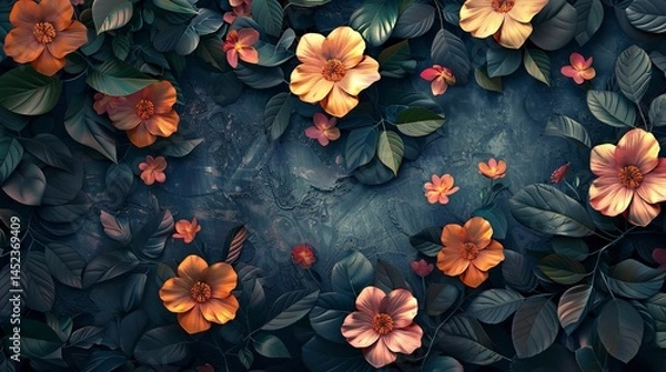 Obraz A 3D bunch of leaves and flowers on a black background, designed with ample copy space
