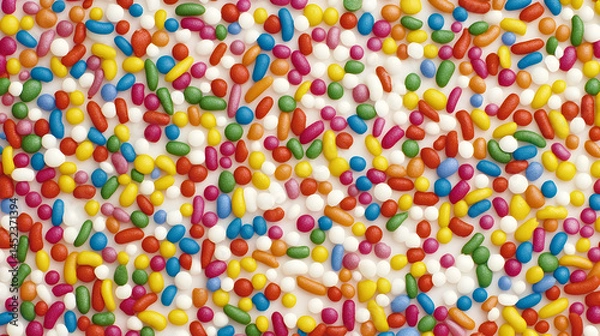 Fototapeta Colorful sprinkles scattered on a white surface.  A vibrant mix of round and oblong sprinkles in various hues, creating a festive, celebratory look