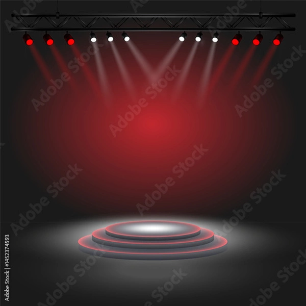 Fototapeta 3D round podium on a dark gray background. Dramatic atmosphere, emphasizes the central part. Suitable for visualization of presentations, exhibitions. Vector illustration EPS 10.