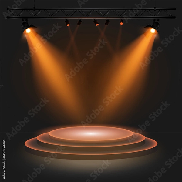 Fototapeta 3D round podium illuminated by stage spotlights with orange light on a dark background highlighting the central platform. Suitable for visualization of presentations, awards. Vector illustration EPS10