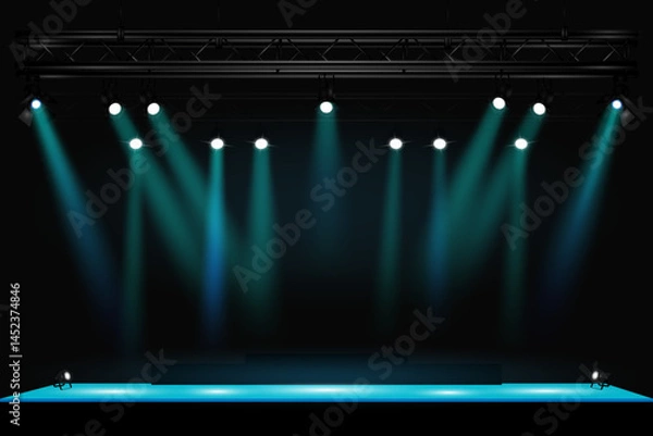 Fototapeta Professionally lit stage on a dark background. A truss with spotlights is installed on top. Suitable for visualization of concerts, theater productions, presentations. EPS10 vector illustration.