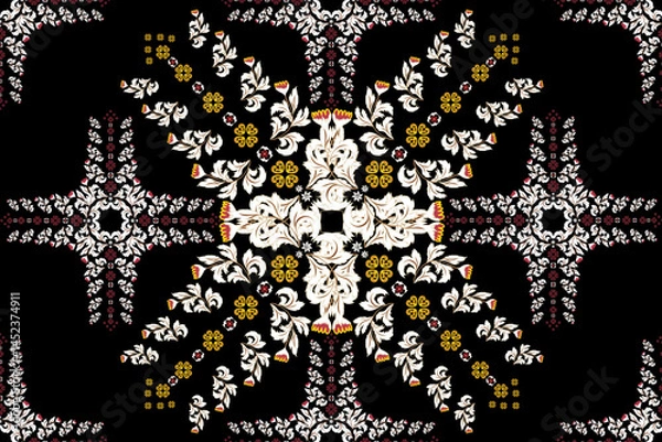 Fototapeta A repeating geometric floral pattern on a black background, exuding elegance and intricacy with Thai-inspired decorative elements.