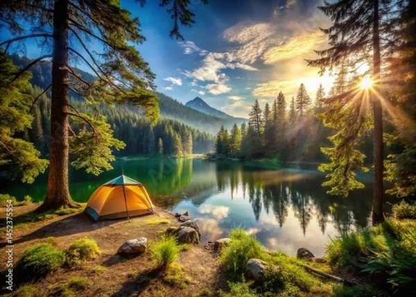 Obraz Serene Lakeside Camping: Hiking Trail to Secluded Forest Tent Site