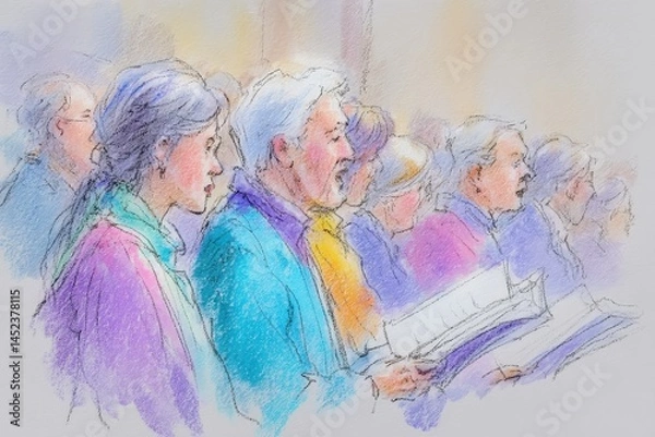 Fototapeta Choir members singing together in a warm, vibrant setting during a community event