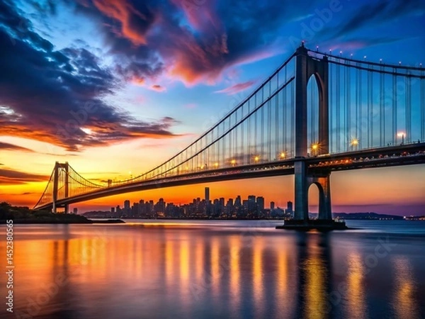 Obraz Silhouette of Verrazano Bridge Against NYC Skyline at Sunset