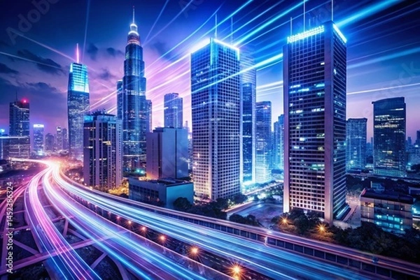 Fototapeta Streamlined Workflow: Night Cityscape Reflecting Automated Efficiency