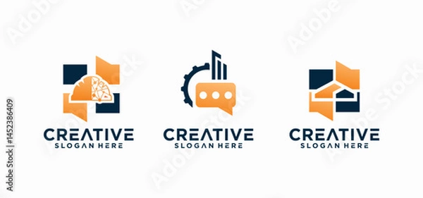 Fototapeta architecture chat logo with technology concept, building construction question and answer vector.